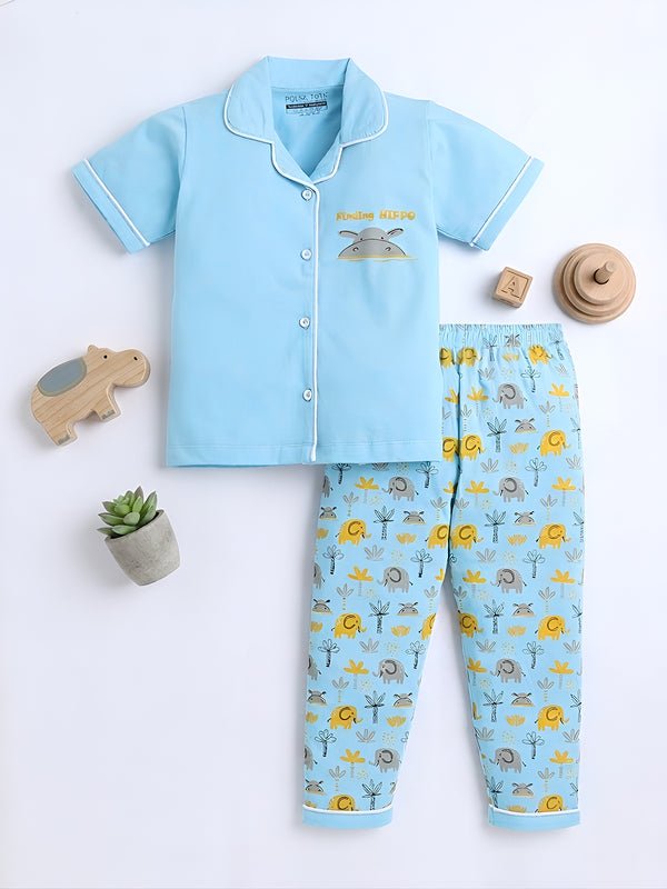 Polka Tots Half sleeves Finding Hippo Print  Night Suit - Blue