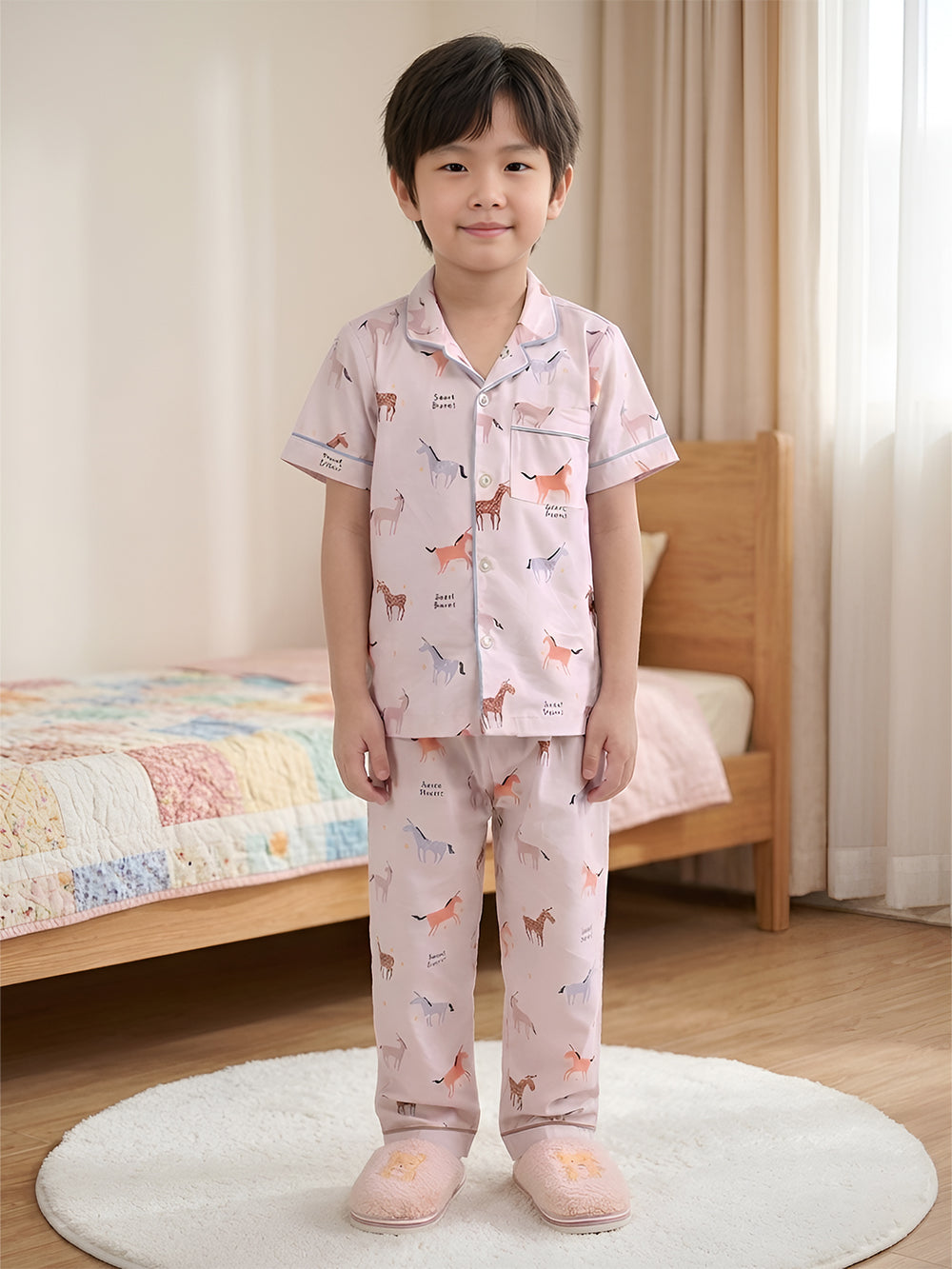 Polka Tots Half sleeves Horse print Night Suit - Brown