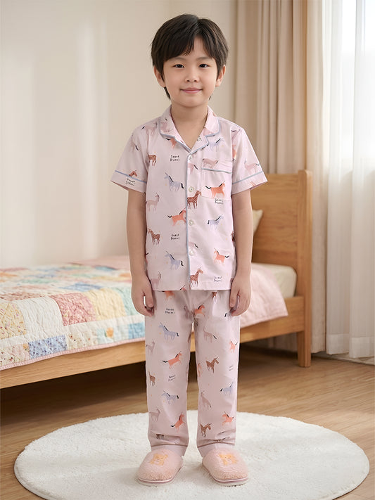 Polka Tots Half sleeves Horse print Night Suit - Brown
