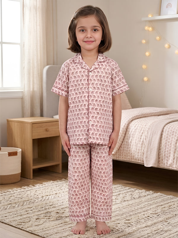 Polka Tots Half sleeves Elephant print Night Suit - Pink