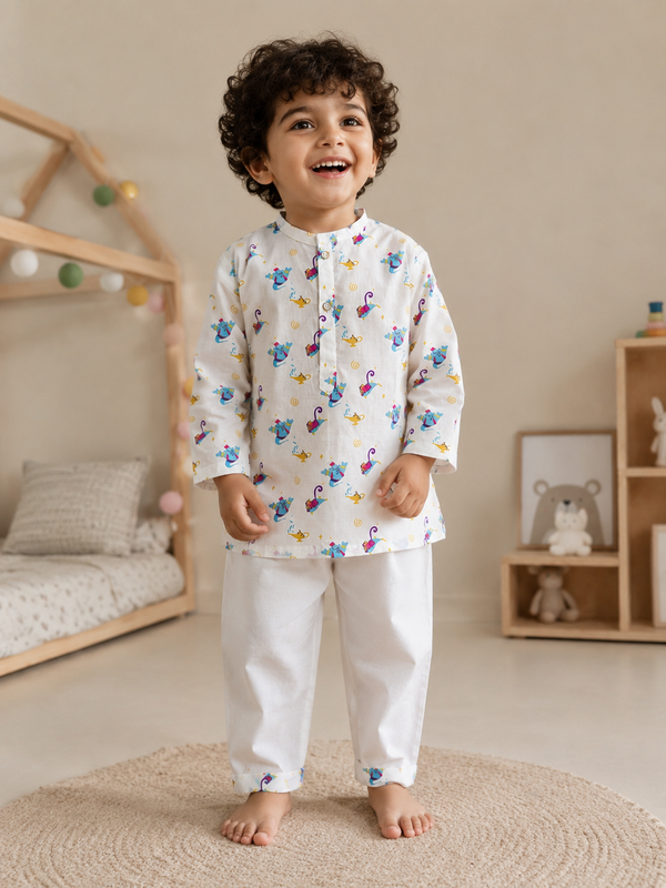 Polka Tots  Genie’s Golden Wish  print Night wear Kurta Pajama- Blue