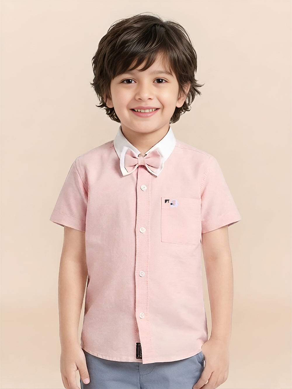 Polka Tots Half Sleeves Plain Shirt With Dual Bow Tie - Pink