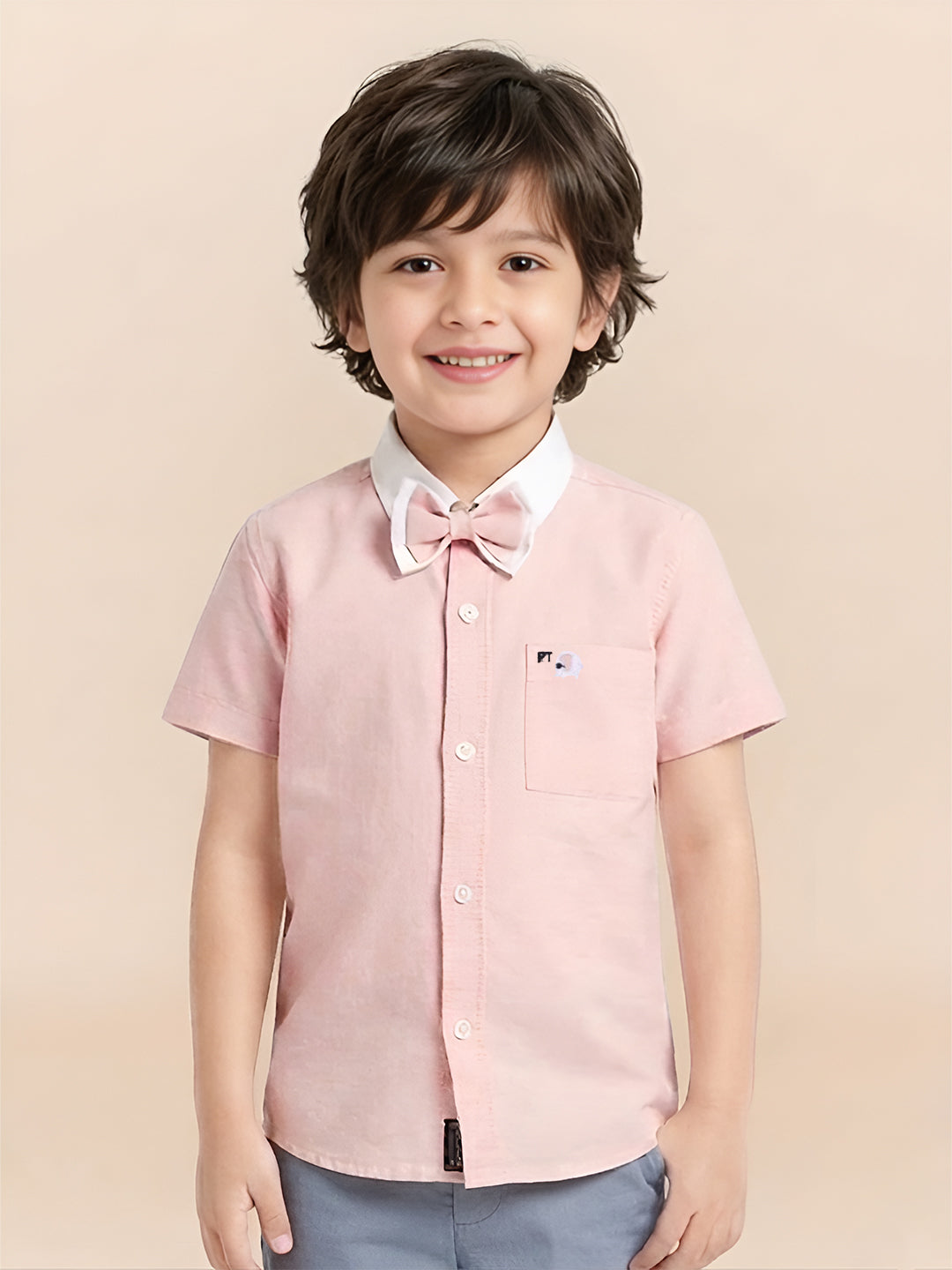 Polka Tots Half Sleeves Plain Shirt With Dual Bow Tie - Pink
