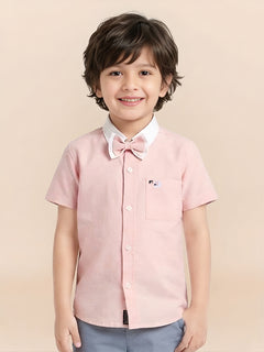 Polka Tots Half Sleeves Plain Shirt With Dual Bow Tie - Pink
