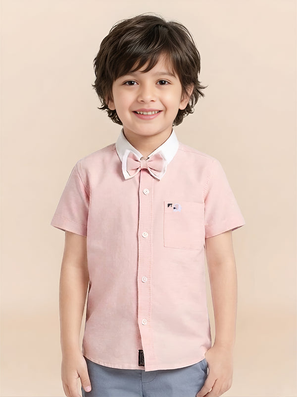 Polka Tots Half Sleeves Plain Shirt With Dual Bow Tie - Pink