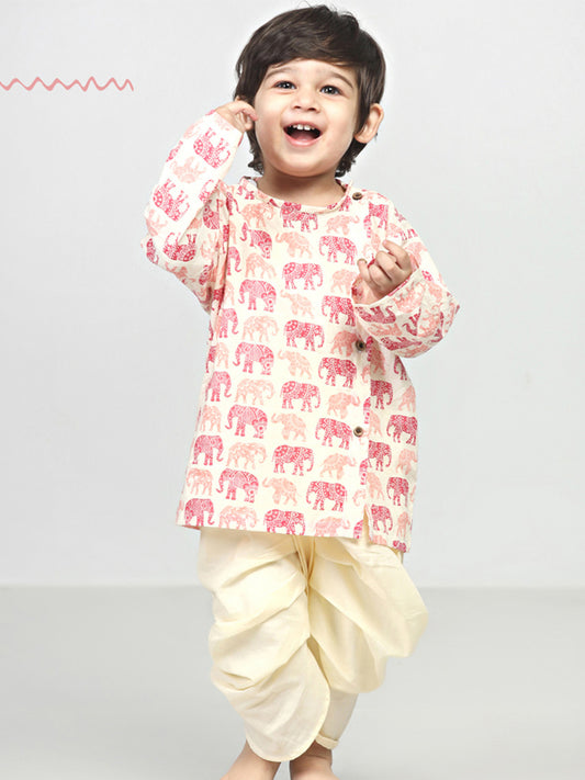 Polka Tots Dhoti Kurta Set for Boys 100% Super Soft Cotton Traditional Ethnic Wear For Kids Red Elephant - Cream