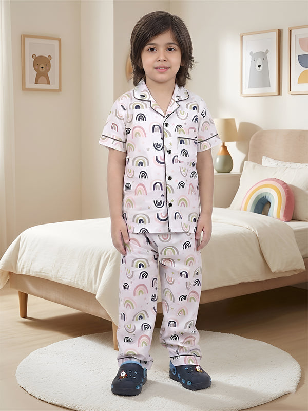 Polka Tots Half sleeves Rainbow print Night Suit - White