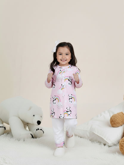 Polka Tots Panda Rainbow Print Full sleeves Nightwear Kurta pyjama set - Pink