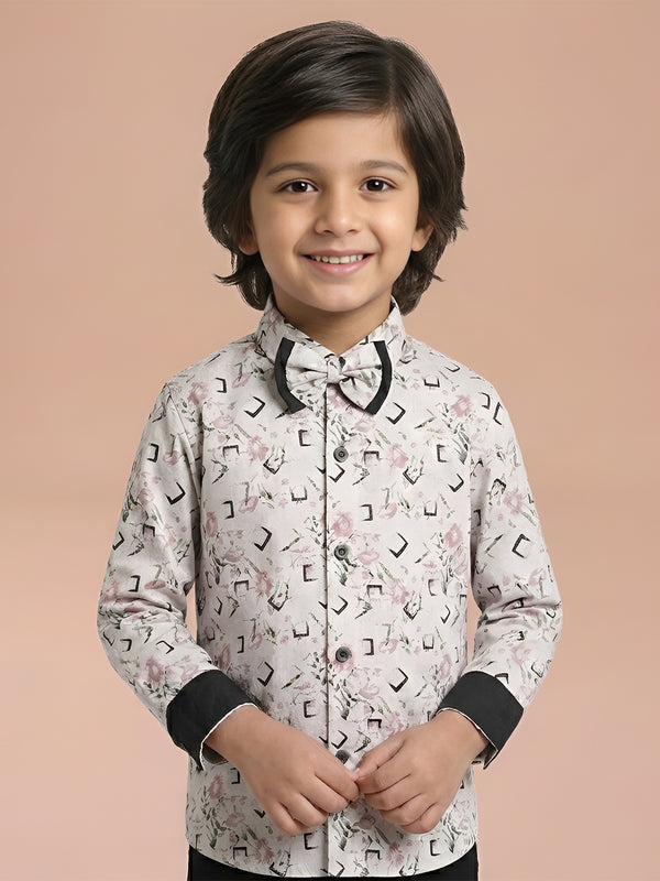 Polka Tots Cotton Full Sleeves Party Wear Shirt With Dual Bow Tie All Over Print - Beige