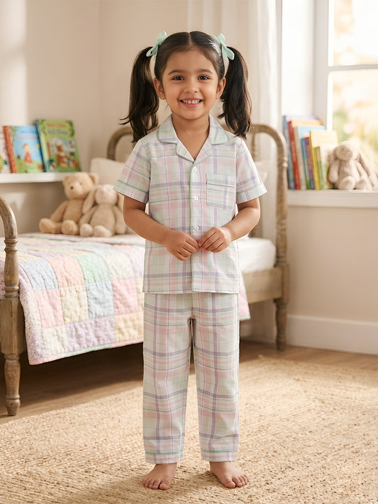 Polka Tots Half sleeves Checkered Night Suit - Green