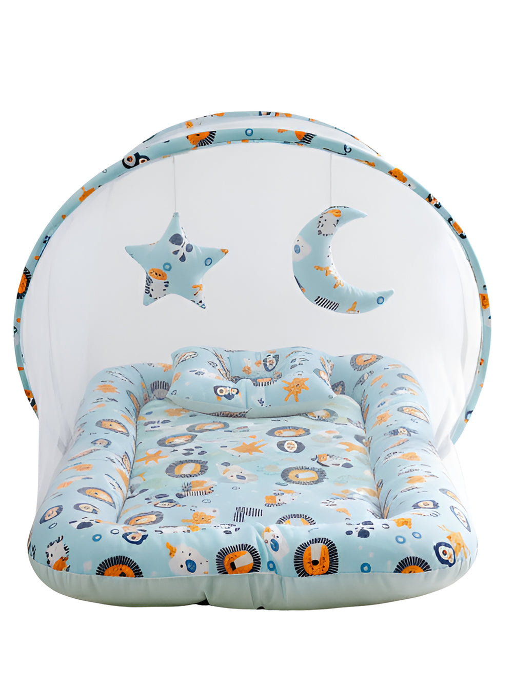 Polka Tots Cotton Baby Bedding Mosquito Net Set with Dangling Toys - Lion print Blue