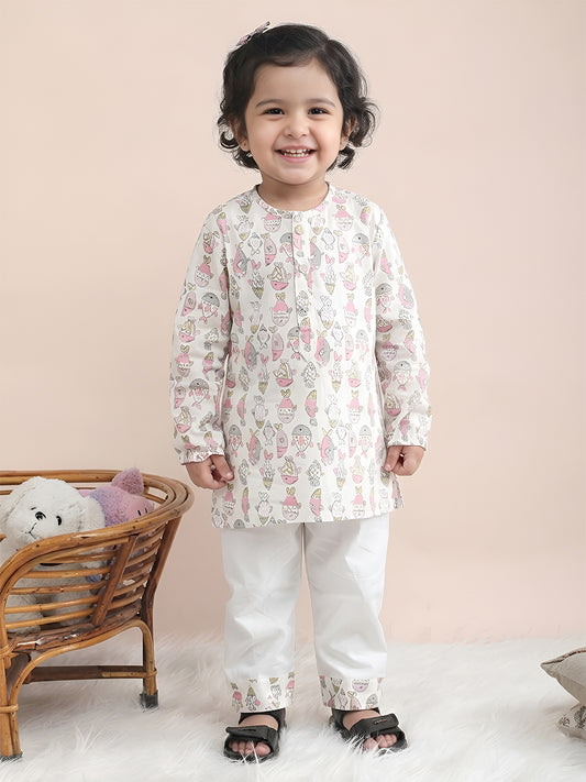 Polka Tots Fish print Full sleeves Nightwear Kurta pyjama set - Pink