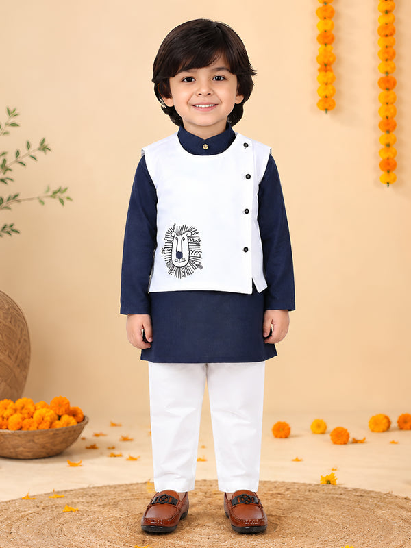 Polka Tots Full sleeves Lion Embroidery Koti Kurta Pyjama - Navy Blue