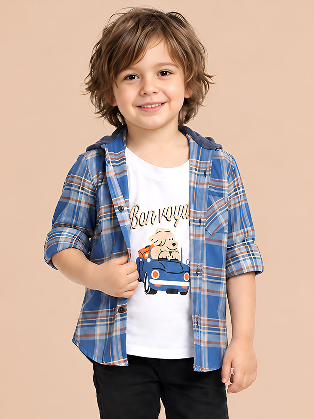Polka Tots Full Sleeves Bon Voyage print Shirt With Attached Tshirt - Blue