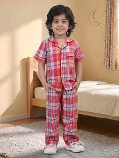 Polka Tots Half sleeves Checkered Night Suit - Magenta