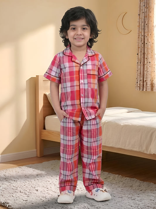 Polka Tots Half sleeves Checkered Night Suit - Magenta