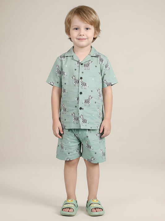 Polka Tots Half Sleeves Zebra Print Co-ords - Green
