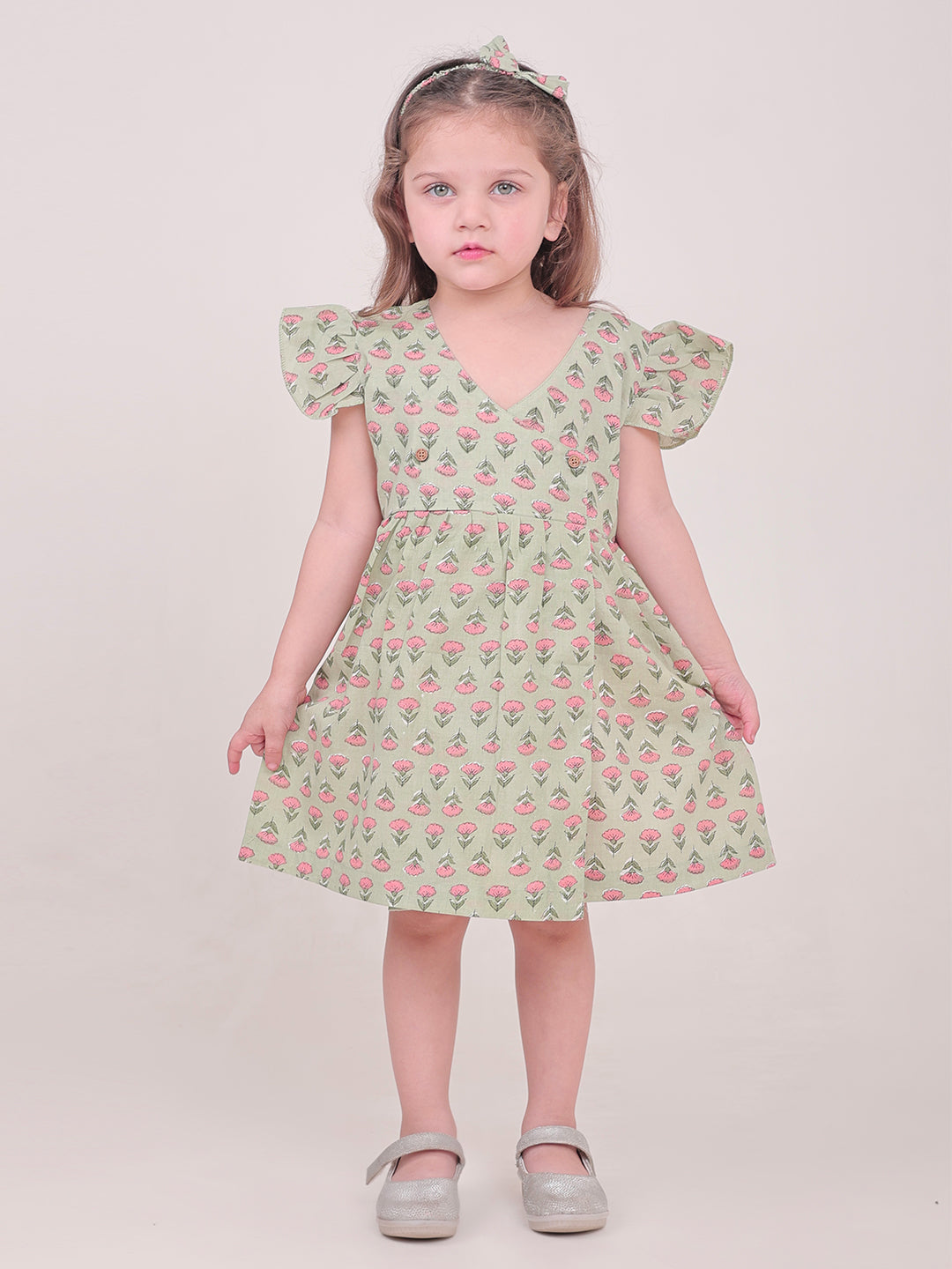Polka Tots Half sleeve Floral print Frock with Headband - Green