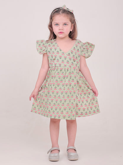 Polka Tots Half sleeve Floral print Frock with Headband - Green