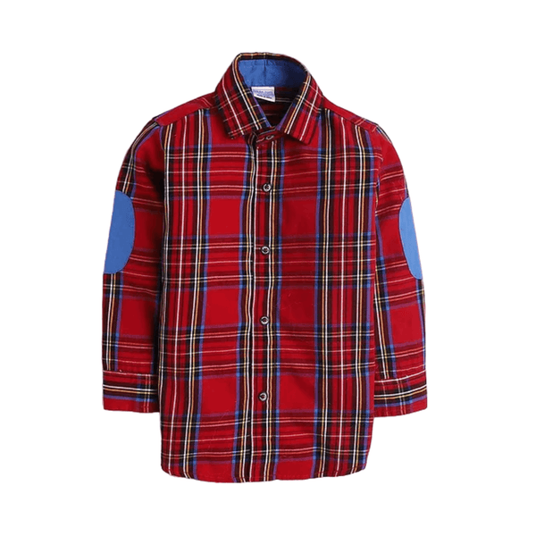 Polka Tots Full Sleeves Elbow Patches Checks Kids Shirt - Red