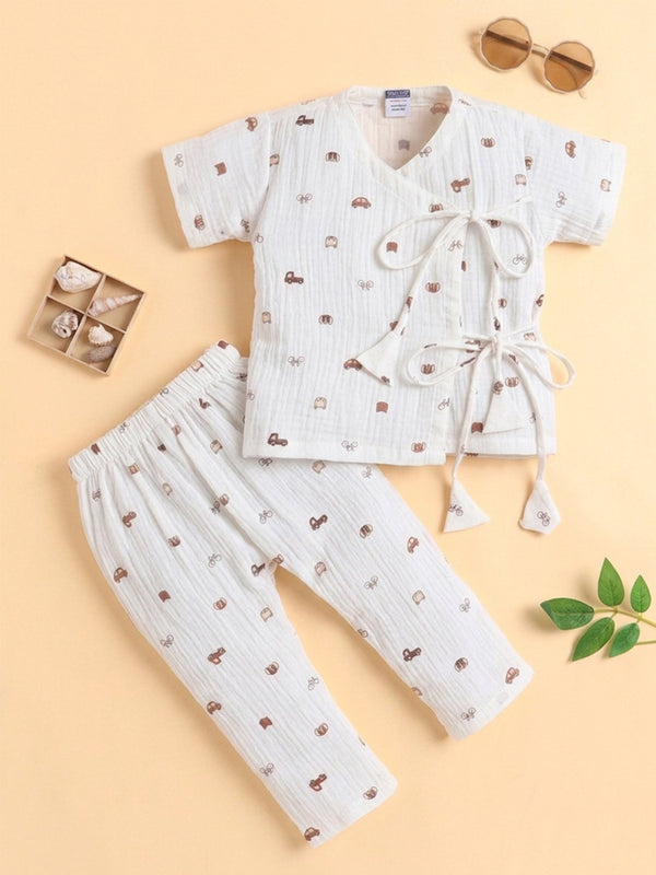Polka Tots Wrinkled Muslin Cotton Playful Transport & Doodle Print Kediya Jhabla & Pant Set - Off White