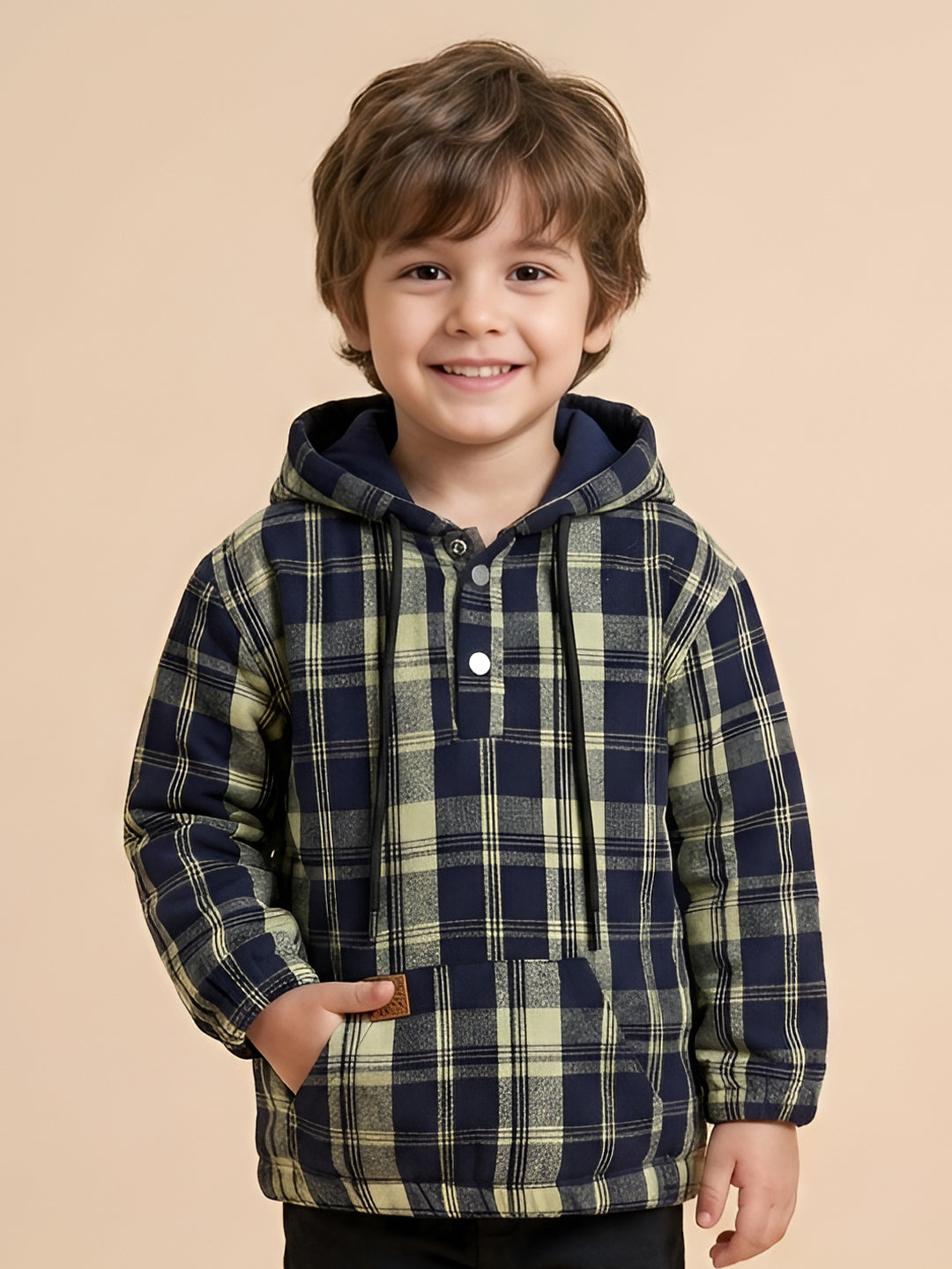 Polka Tots Kids Full Sleeves Checked Hoodie Shirt - Black and Green