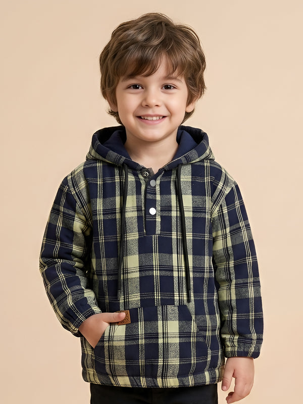 Polka Tots Kids Full Sleeves Checked Hoodie Shirt - Black and Green