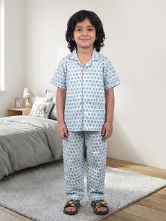 Polka Tots Half sleeves Elephant print Night Suit - Blue