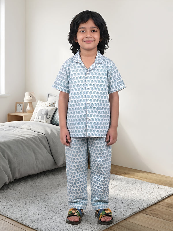 Polka Tots Half sleeves Elephant print Night Suit - Blue