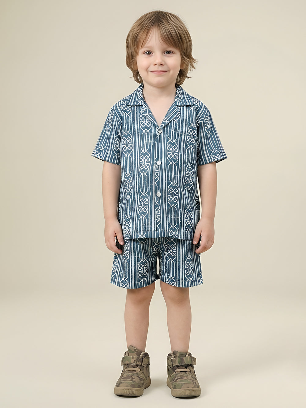 Polka Tots Cotton Half Sleeves Geometric print Co-ords - Sea blue