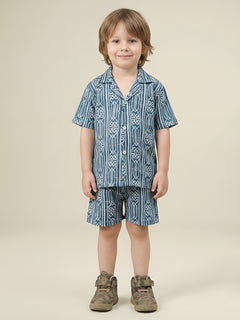Polka Tots Cotton Half Sleeves Geometric print Co-ords - Sea blue