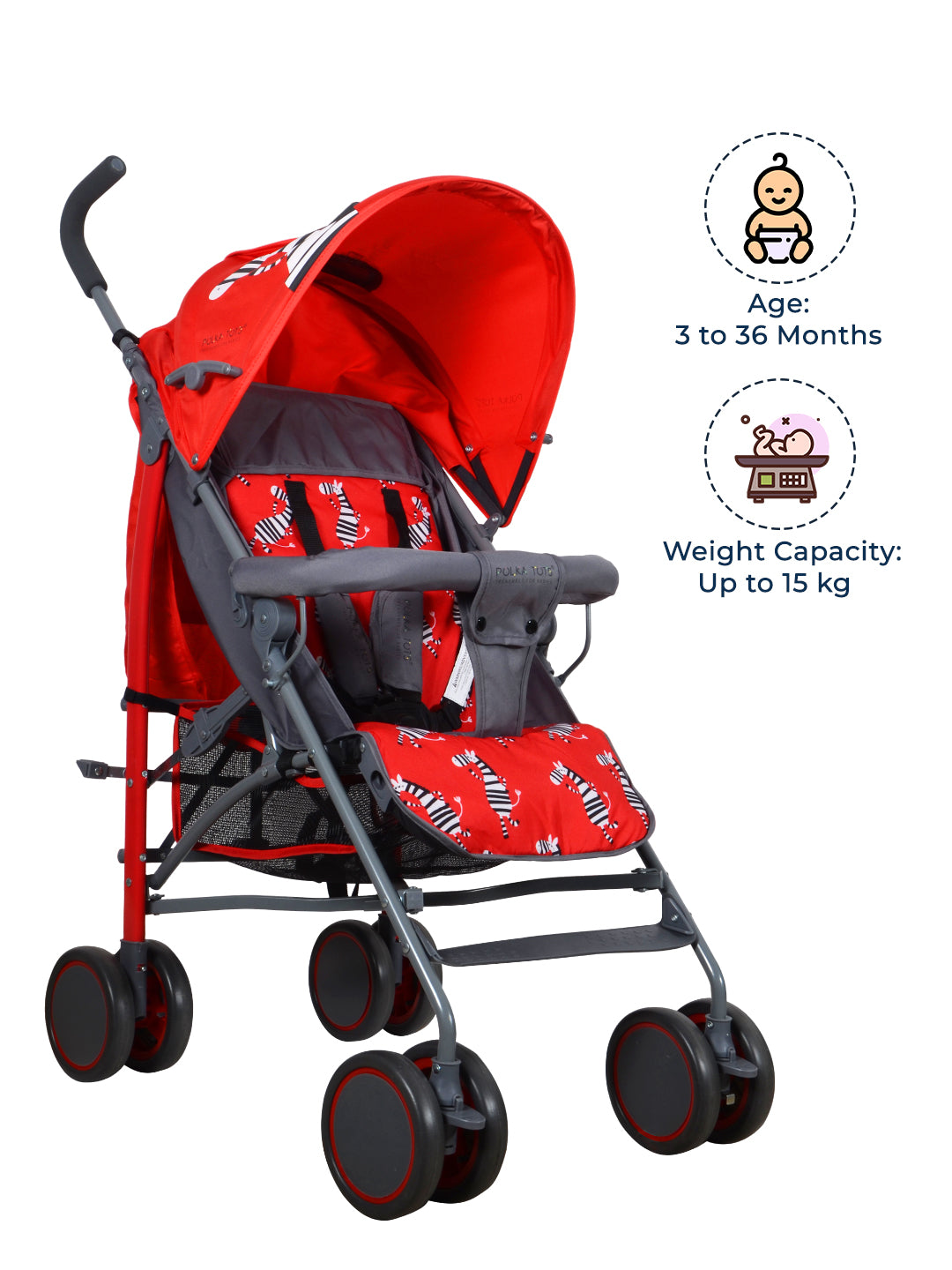 Red and black baby stroller with age and weight capacity information on a white background