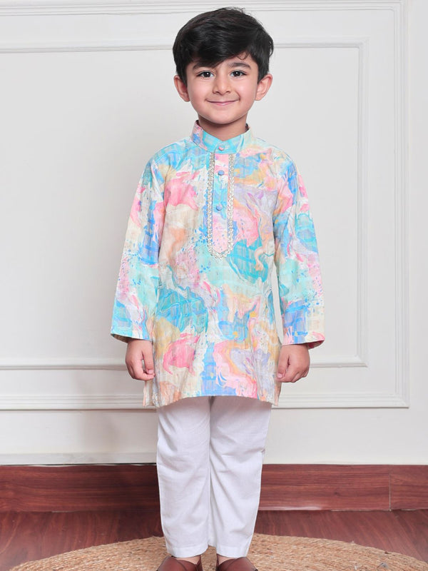 Polka Tots Full Sleeve Abstract print Ethnic Kurta Pyjama Set - Blue