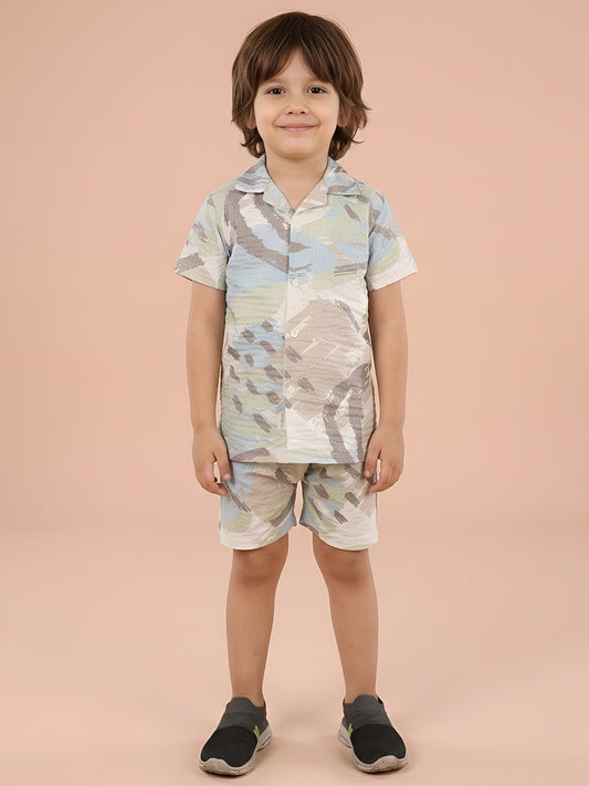Polka Tots Cotton Half Sleeves Shirt With Shorts/Co-ord - White