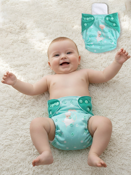 Baby lying on a white surface wearing a teal reusable diaper with cloud design.