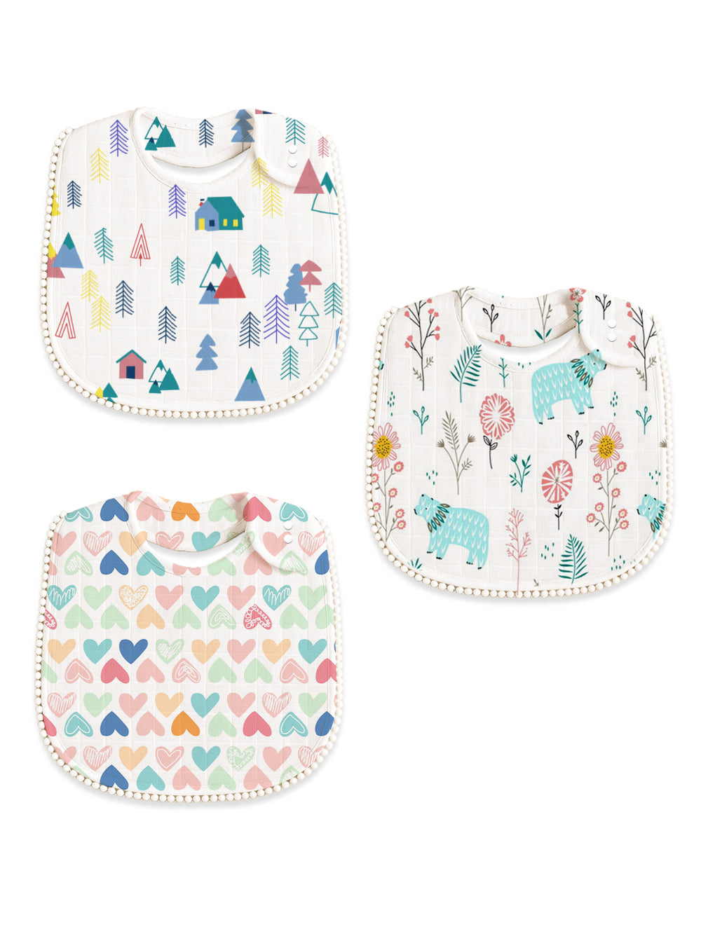 Polka Tots Newborn Pack of 3 100% Soft Muslin Cotton Bib Set with Pom-Pom Lace