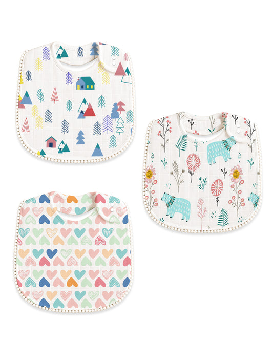 Polka Tots Newborn Pack of 3 100% Soft Muslin Cotton Bib Set with Pom-Pom Lace