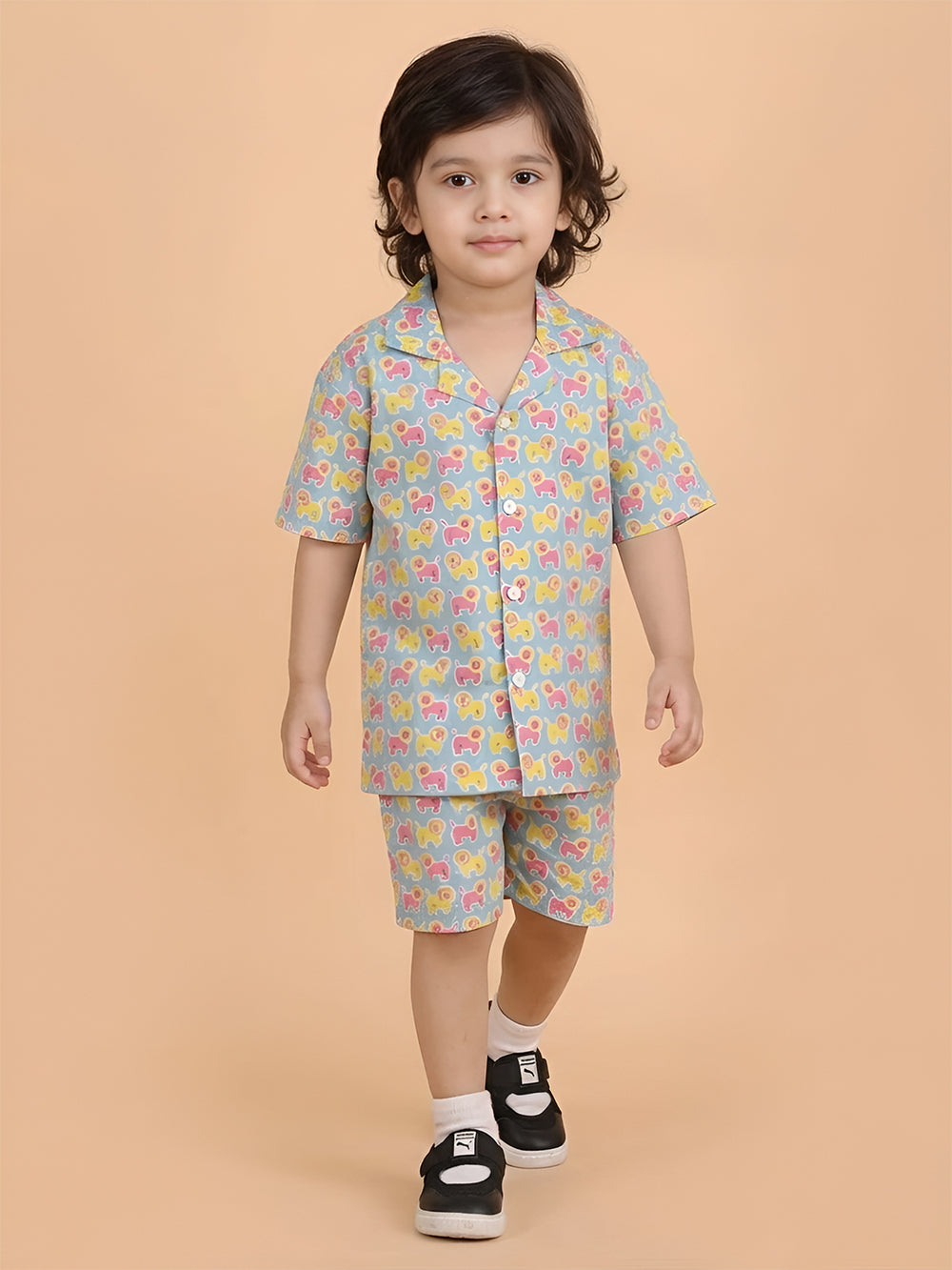 Polka Tots Half Sleeves Lion Print Co-ords - Multicolor