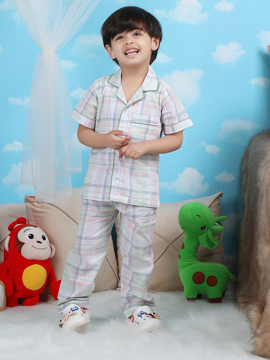 Polka Tots Half sleeves Checkered Night Suit - Green