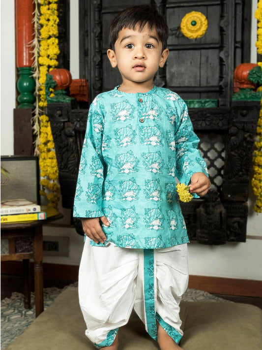 Polka Tots 100% Super Soft Cotton Tribal Print Full Sleeve Kurta With Dhoti Set - Sky Blue