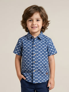 Polka Tots Half Sleeves Car Print Shirt - Blue