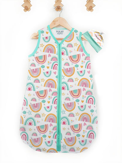 Polka Tots 100% Soft Cotton Rainbow Print Sleeping Bag with Cap - Multicolor