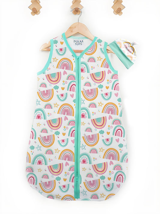 Polka Tots 100% Soft Cotton Rainbow Print Sleeping Bag with Cap - Multicolor