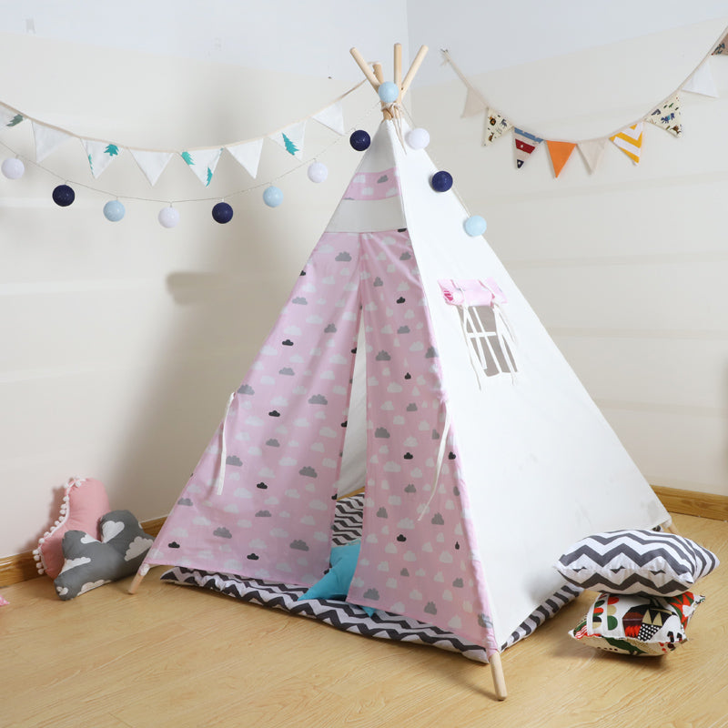 Kid’s Portable Teepee Tents with Cushion, Led Light and Non-Slip Padded Mat, Play Tent, Indoor & Outdoor Playhouse Tents for Childrens ( Pink & White )