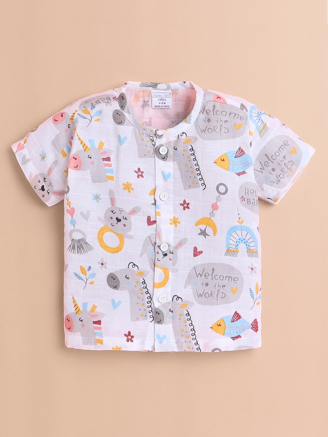 Polka Tots Soft Muslin Cotton Half sleeves Hello Baby print Jhabla and Pant Set  - Multicolor