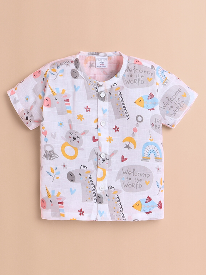 Polka Tots Soft Muslin Cotton Half sleeves Hello Baby print Jhabla and Pant Set  - Multicolor