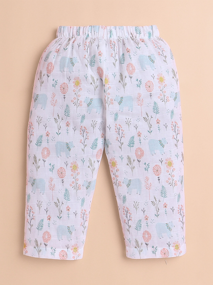 Polka Tots Soft Muslin Cotton Half sleeves Bloomy Bear print Jhabla and Pant Set  - Multicolor