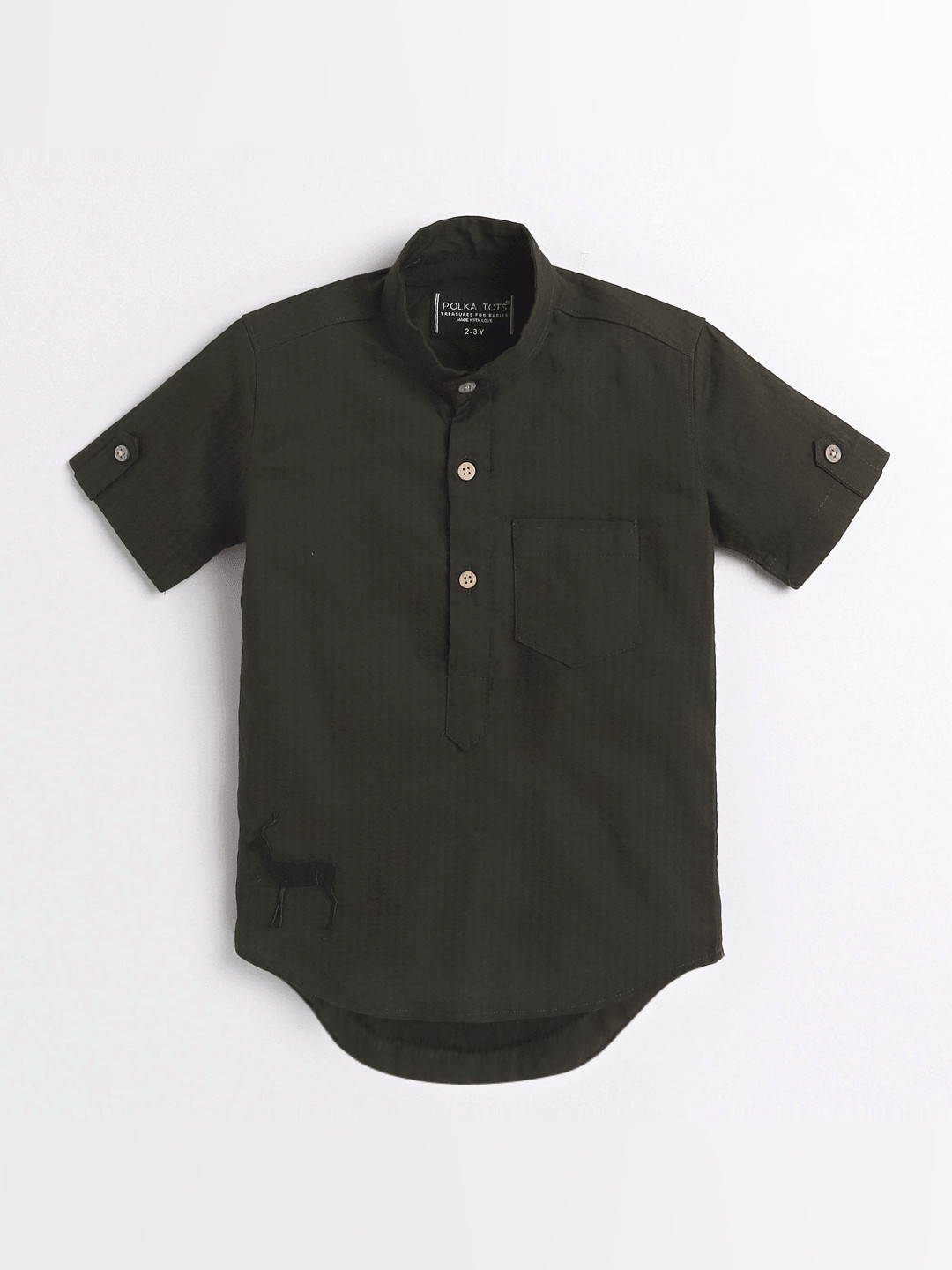 Polka Tots Half Sleeve Short Kurta Deer  Embroidery - Green
