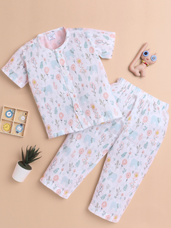 Polka Tots Soft Muslin Cotton Half sleeves Bloomy Bear print Jhabla and Pant Set  - Multicolor