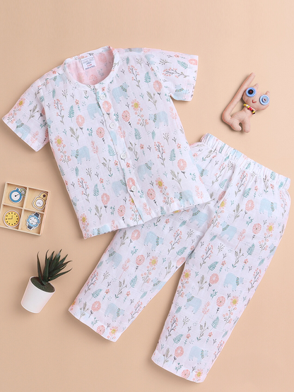 Polka Tots Soft Muslin Cotton Half sleeves Bloomy Bear print Jhabla and Pant Set  - Multicolor